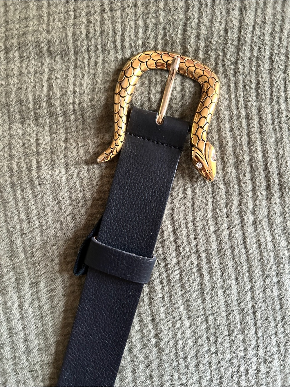 Black Leather Buckle Belt with Gold Snake Accent